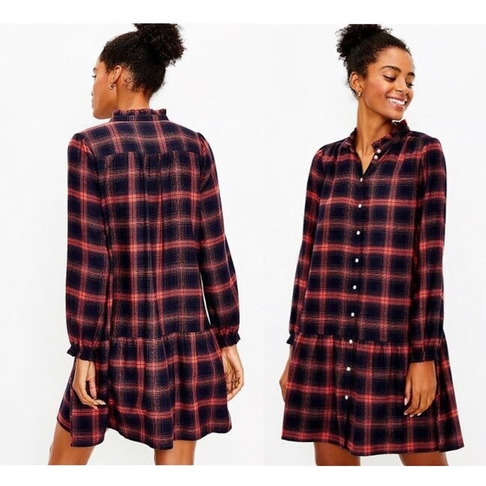 Loft Navy Blue/Red Plaid Drop Waist Shirtdress